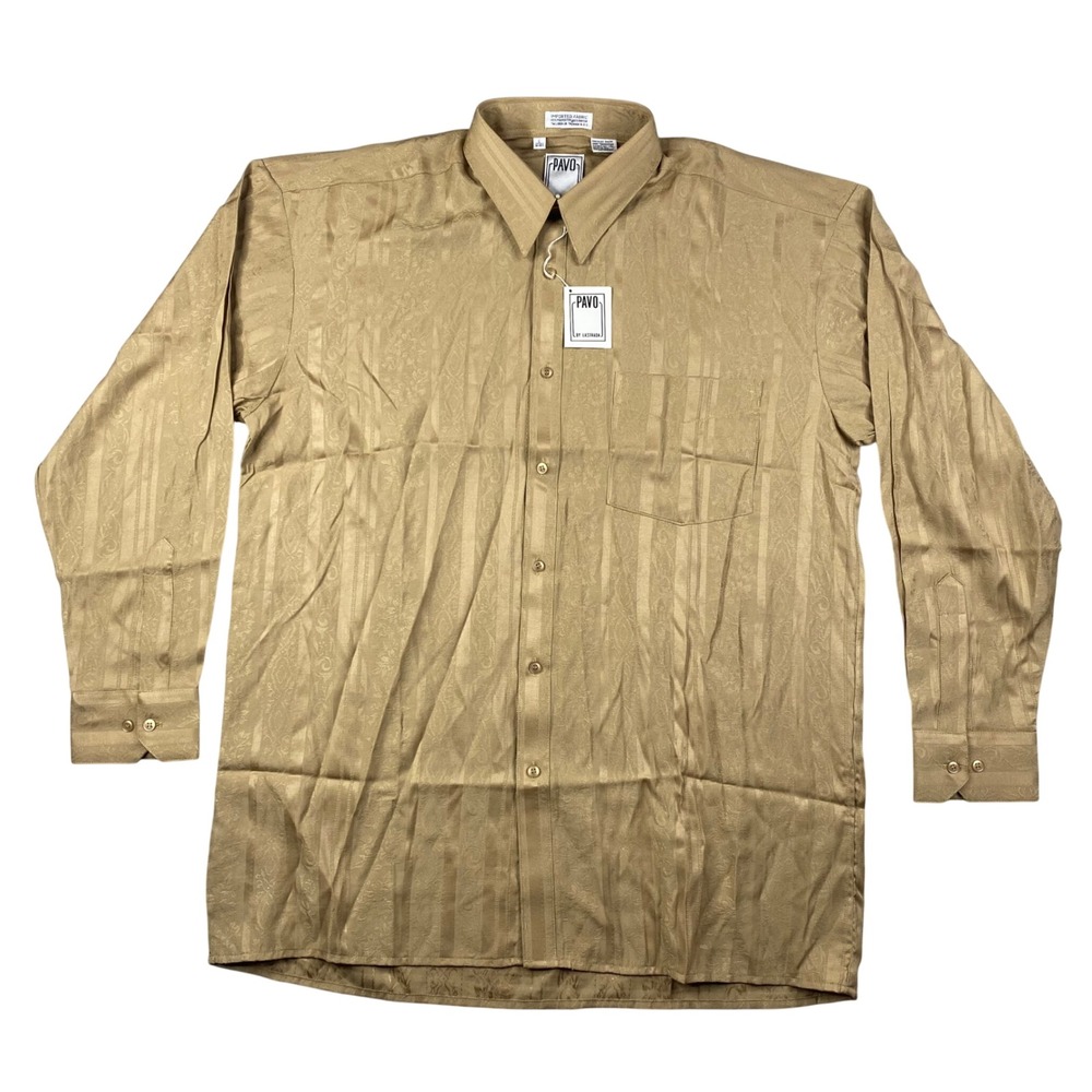 Pavo‎ by Lastrada Mens Large Gold Jacquard Paisley Striped Button Dress Shirt